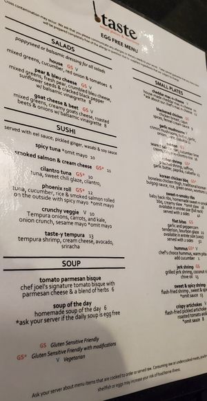 Egg-free menu (see "V" in dairy-free menu) at Taste in South Haven