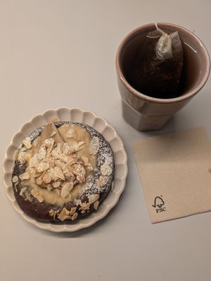 chocolate bun with pudding and pear at Namo Bakery in Warsaw