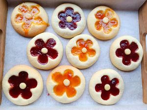 Flower Cookies (raspberry and apricot jam on almond shortbread) at Around the World Bakes in Preston