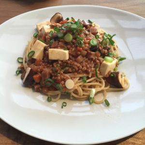Mabo tofu sorghum pasta (bland and tasteless) at Sairam in Kamakura