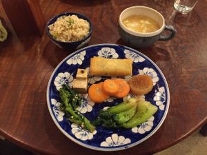 Set dinner: Brown rice, Miso soup, Seasonal organic vegetables (1000¥)  at Poleyale in Tokyo