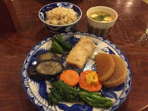 Set dinner: Brown rice, Miso soup, Seasonal organic vegetables (1000¥) 
 at Poleyale in Tokyo