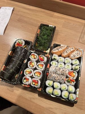 Regular order, vegetarian assorted platter 27 pieces, fried sweet tofu futomaki roll, uramaki vegetarian roll and goma wakame seaweed  at More Than Sushi in Poole