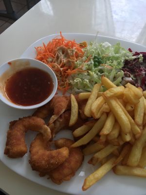 Vegan fried prawns/shrimp with salad and chips. Yum! at Loving Hut - Warynskiego in Warsaw