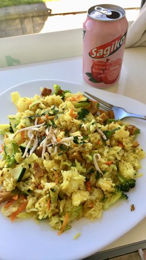 Fried rice with seitan chunks. Lychee drink.  at Loving Hut - Warynskiego in Warsaw