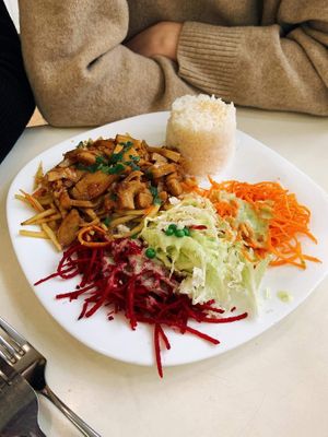 "duck"-like seitan with bamboo and rice at Loving Hut - Warynskiego in Warsaw