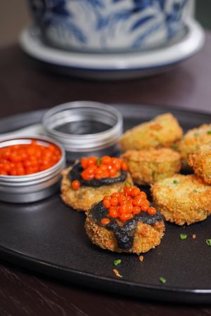 Fried eggplant with Sriracha caviar (vegetarian) at AGAR RAGA - Akaaka - อาการากา in Bangkok