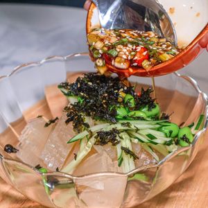 Spicy sauce made of soy sauce, garlic, ginger, spring onion, sesame oil, sesame seeds, and chilies.   at AGAR RAGA - Akaaka - อาการากา in Bangkok