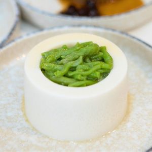 Traditional Lod Chong with Sago and Corn inside. Vegan coconut sugar whipped Cream. at AGAR RAGA - Akaaka - อาการากา in Bangkok