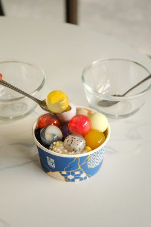 10 different fruit balls with sago, corn, and konjac boba on shaved ice at AGAR RAGA - Akaaka - อาการากา in Bangkok