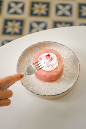 Ispahan. Made of lychee, raspberry, rose, roselle, and vegan whipped cream. at AGAR RAGA - Akaaka - อาการากา in Bangkok