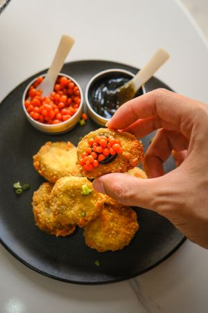 Fried Eggplant with Sriracha Caviar and Ginger Soy Gel sauce. Vegetarian. Contains Egg. at AGAR RAGA - Akaaka - อาการากา in Bangkok