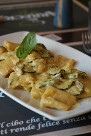 Nerano Paccheri with fried zucchini and provolone-style cheese at Arrecrià Bistrot in Naples