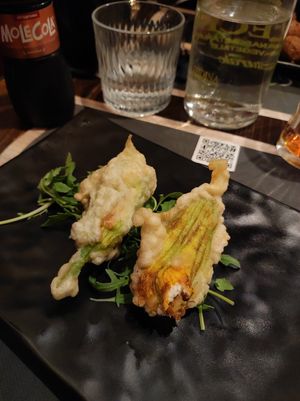 Fiori di Zucca Ripieni con Ricotta di Mandorla e Salame Veg at Arrecrià Bistrot in Naples