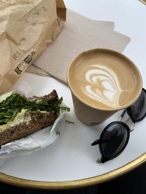 Cappuccino with oat milk, vegan rye sandwich  at Ten Belles in Paris