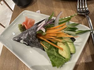 I had the veggie roll made as a hand roll which I love but you can have it cut regular if you want too!  at Mutuo - Sabor Nikkei in San Juan