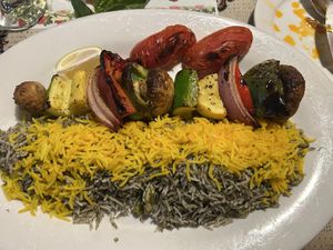 Vegetable kabob with fava bean rice - good!   at Kolbeh in Orangevale