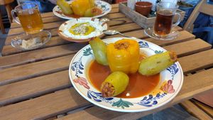 The weekend special dish, stuffed courgettes and peppers at Taratoer in Leiden