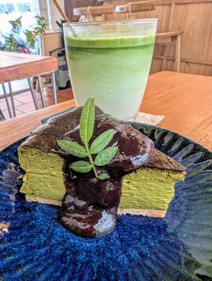 Matcha cheesecake and matcha oat latte 😋 at Koneko Cafe in Taipei