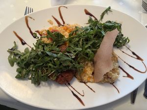 vegan steak with pumpkin risotto and arugula  at Linde in Hochst