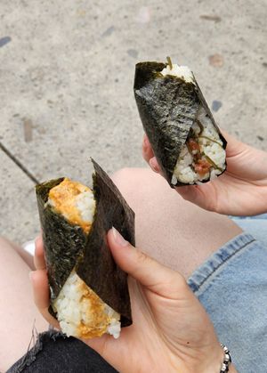 Spicy miso tofu onigiri (left) and ume kombu (right) at SAKAMOTO-YA STREET FOOD in Warsaw