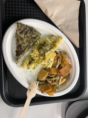 Frittata, pasta al forno con formaggio, tempeh di ceci e puntarelle  at La Radice in Udine