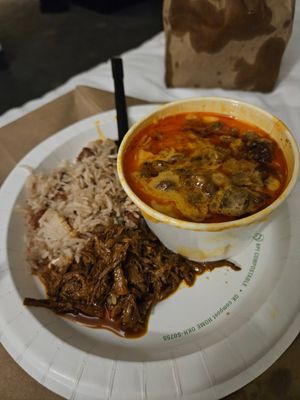 Queso, pinto rice, and barbacoa ste'k at PurelyPlant in Atlanta
