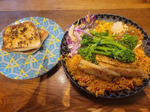 Garlic Bread and Spicy Rice Bowl with Medium Spiced PERI-Plant Strips at Nando's in Chester