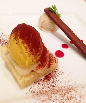 Sweet potato cake / Ginger ice cream / Bitter chocolate cookie at G and V in Tokyo