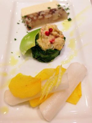 Marinade of radish and a Japanese persimmon / Terrine made of tofu-cheese and mushroom / Red lentil and soy mayonnaise sauce at G and V in Tokyo