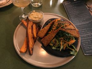 Vegan shawarma, rosemary fries, miso gravy at The Coup in Calgary
