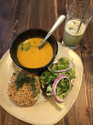 Upstream Burger, Spicy Yam Soup and Cactus Soother at The Coup in Calgary