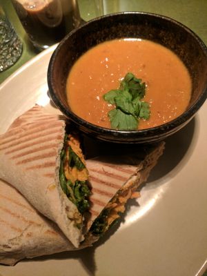 Tempeh Shawarma with Soup of the Day - Yam Cinnamon at The Coup in Calgary