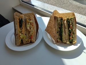 Sandwiches: hummus and grilled veggies, plant-based mozzarella and tomato at Intense Coffee - Bonnevoie in Luxembourg City