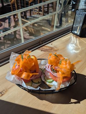 Veggie with vegan cream cheese on everything bagel at Raven Hill Bagels in Idyllwild