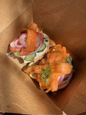 “The veggie” with vegan cream cheese on everything bagel - Very filling $15 extra one dollar charge for v cream cheese   at Raven Hill Bagels in Idyllwild