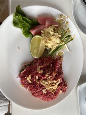 Beet dyed noodles  at Satdha Plant Based Thai Kitchen in Santa Monica