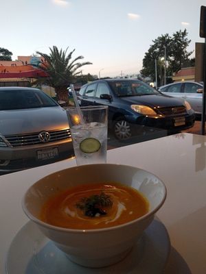 kombucha squash soup at Satdha Plant Based Thai Kitchen in Santa Monica
