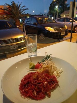 beet pasta dish at Satdha Plant Based Thai Kitchen in Santa Monica