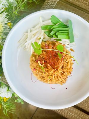 Valentine's Menu 2024 Appetizer Mee Krob, crispy rice noodles with a tamarind sweet & sour sauce at Satdha Plant Based Thai Kitchen in Santa Monica