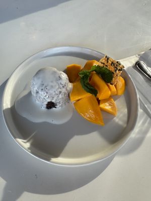 Mango sticky ricee  at Satdha Plant Based Thai Kitchen in Santa Monica