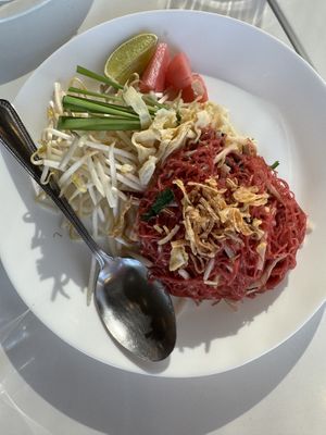 Beet dyed noodle  at Satdha Plant Based Thai Kitchen in Santa Monica