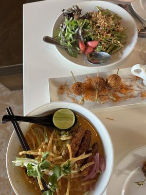 Ramen, croquettes and snap pea saladd  at Satdha Plant Based Thai Kitchen in Santa Monica