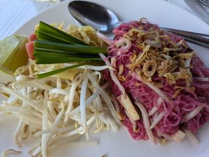 Beet-infused vermicelli noodles were incredible! at Satdha Plant Based Thai Kitchen in Santa Monica