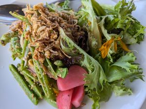 Snap pea salad with tofu and greens - so creative! at Satdha Plant Based Thai Kitchen in Santa Monica