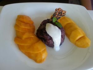 mango with forbidden sticky rice at Satdha Plant Based Thai Kitchen in Santa Monica
