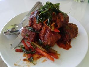 eggplant catfish at Satdha Plant Based Thai Kitchen in Santa Monica