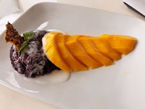 Coconut sticky rice with mango at Satdha Plant Based Thai Kitchen in Santa Monica