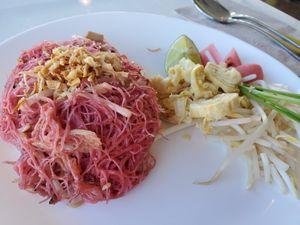 Beet dyed noodles at Satdha Plant Based Thai Kitchen in Santa Monica