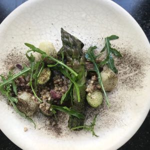 Belgium asparagus cooked in a charcoal vine wood oil, buckwheat at Bouchéry in Uccle